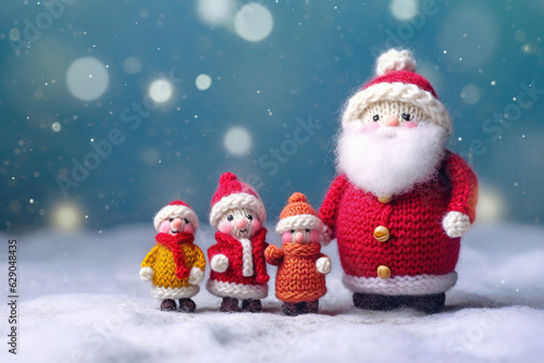 Abstract Christmas background with Santa Claus and children woven from knitting threads. Template for greeting card with copy space for text. Generative AI. © Osadchyi_I