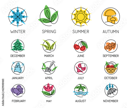 Season and month of year set. Outline colorful icons with winter and autumn, summer and spring. Sunny weather and snowfall, fall and rainy. Cartoon flat vector collection isolated on white background