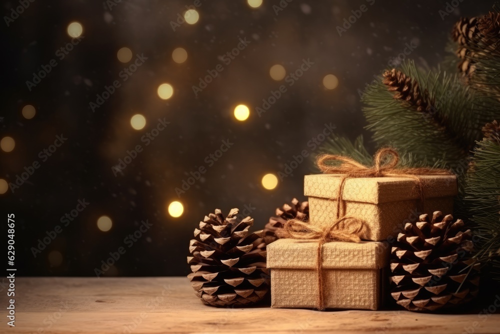 christmas and new year background - gift boxes and pine cones and branches on the background of bokeh garlands christmas and new year background - gift boxes and pine cones and branches on the background of bokeh garlands