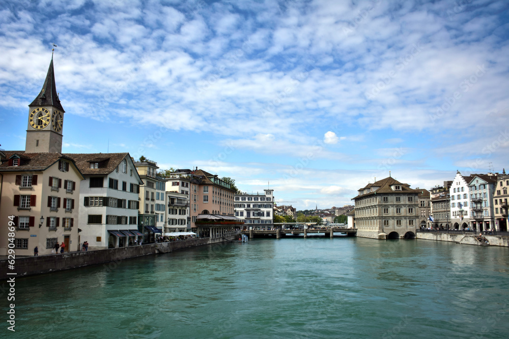 St. Peter Church and Zurich Cityscape by Limmat River - Switzerland