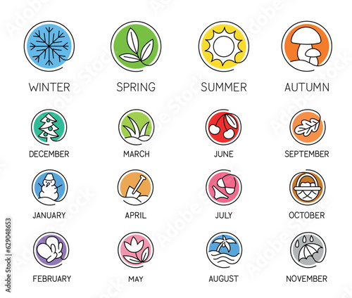 Season and month of year set. Icons in line art style with rainy weather and leaf fall, snow, sun and vacation. Winter and spring, summer and autumn. Cartoon flat vector isolated on white background