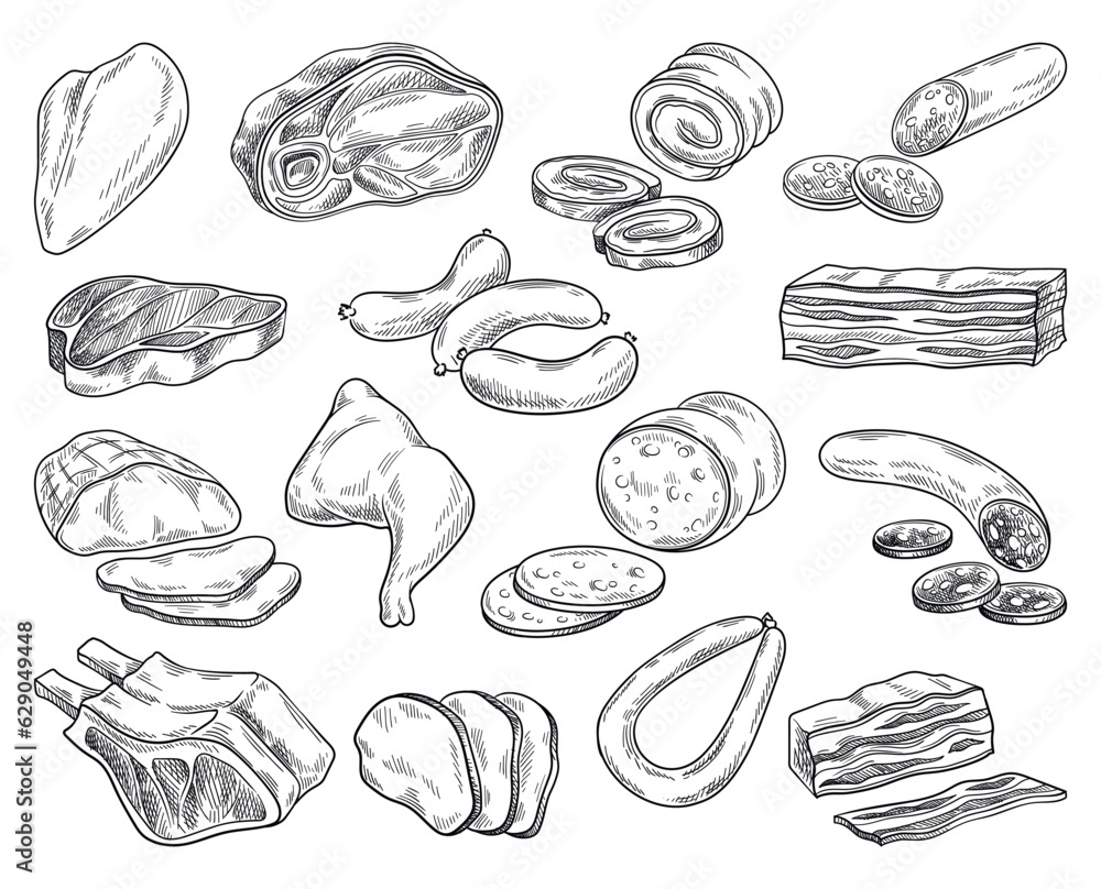 Meat products set. Outline retro sketch with sausage and sausages, bacon and steak, pork and beef. Brisket and mortadella food engraving. Linear flat vector collection isolated on white background Meat products set. Outline retro sketch with sausage and sausages, bacon and steak, pork and beef. Brisket and mortadella food engraving. Linear flat vector collection isolated on white background