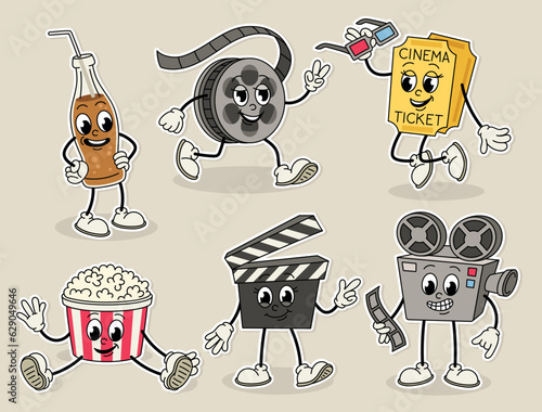 Retro cinema characters set. Cute vintage 60s style stickers with ticket and camera, soda and popcorn. Cinematography and movie theater. Cartoon flat vector collection isolated on grey background