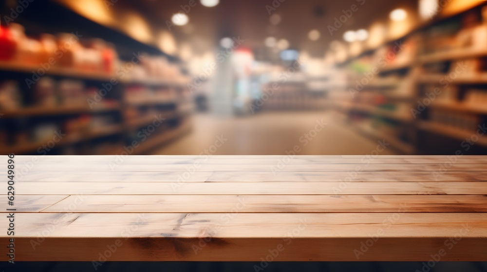 Empty wooden table space platform and blurry defocused supermarket