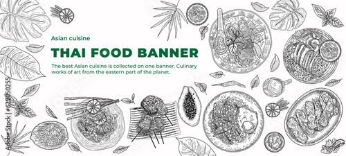 Thai food banner set. Thai food banner. Asian eastern cuisine menu sketch with fruits, soup noodles and tom yum. Outline horizontal poster with tropical dishes. Linear flat vector illustration