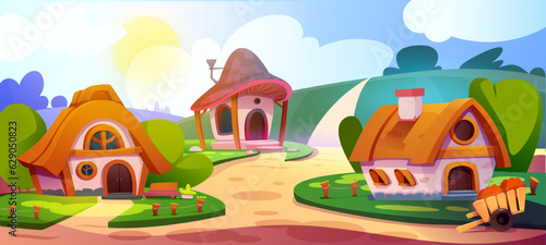 Gnome village with houses. Fairytale landscape with cute dwarf stone buildings with wooden roof, hills and grass. Horizontal fantasy scenery with fairies home. Cartoon flat vector illustration © Rudzhan