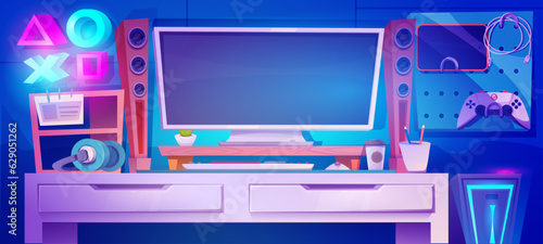 Fototapeta Naklejka Na Ścianę i Meble -  Workplace of gamer or blogger. Work table with computer monitor screen and music speakers and headphones, neon lights and joystick. Room interior with home studio. Cartoon flat vector illustration