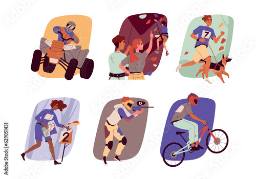 People at autumn outdoor activities set. Characters go in for sport and walk dog, do rock climbing and strategic game of paintball, ride quad and bike. Cartoon flat vector isolated on white background