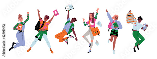 Happy jumping students set. Happy teenagers with backpacks and books. Young characters wave hands and back to school. Greeting new educational year. Cartoon flat vector isolated on white background