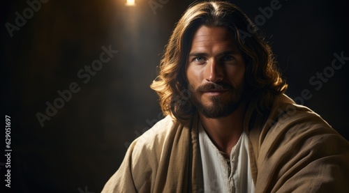 Jesus holding a Bible sitting looking at the camera 