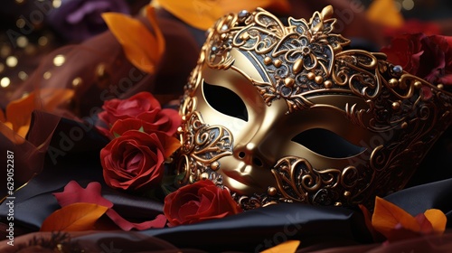 Venetian carnival mask and beaded jewelry on a woman, close-up. Von Mardi Gras. Venice Carnival