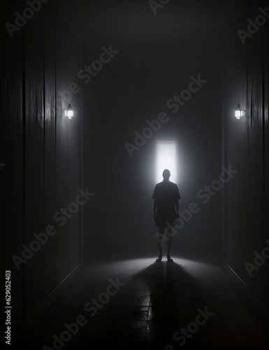 A person in a dark room  illuminated only by the light of their own fear and anxiety.