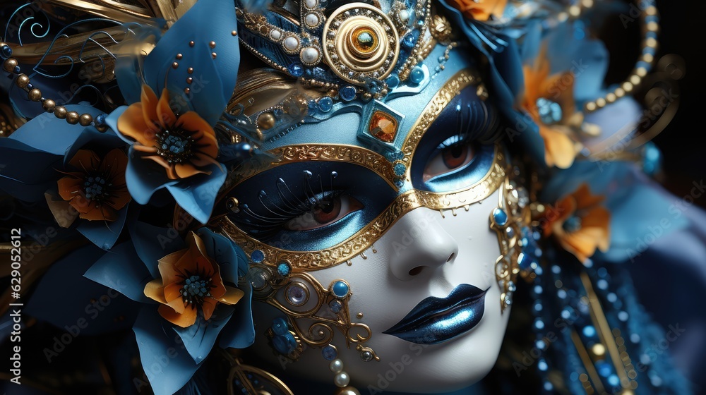 Venetian carnival mask and beaded jewelry on a woman, close-up. Von Mardi Gras. Venice Carnival
