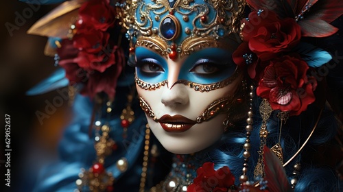 Venetian carnival mask and beaded jewelry on a woman, close-up. Von Mardi Gras. Venice Carnival