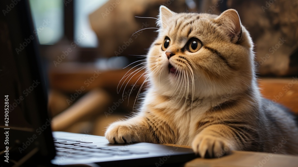 Cat surprised by what he sees on the computer. British cat suitable for social media elements. Generative AI Cat surprised by what he sees on the computer. British cat suitable for social media elements. Generative AI
