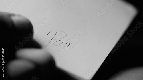 Canvastavla Escribiendo en papel blanco la palabra dolor  foto en blanco y negro
