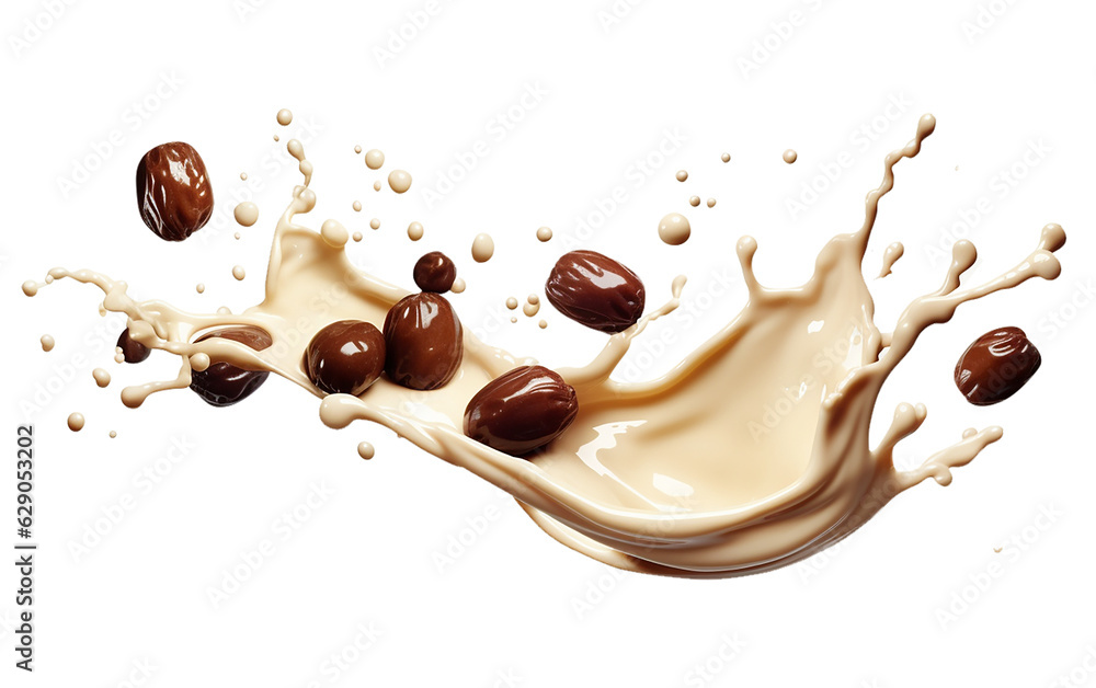 Milk splash and dates fruits isolated white and transparent background, png Milk splash and dates fruits isolated white and transparent background, png