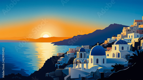 Scenic view of Santorini island in greece during sunrise or sunset. Beautiful colorful illustration.