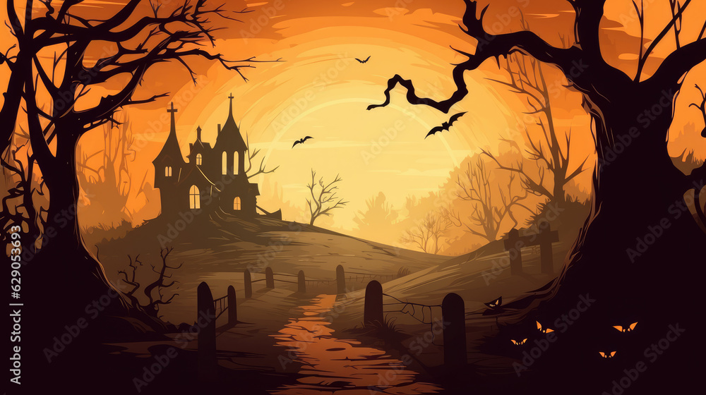 Halloween Mansion and Spooky Night Scene Background - Generative AI