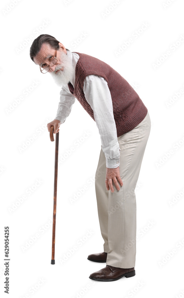 Stooped senior man with walking cane on white background Stooped senior man with walking cane on white background