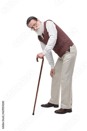Stooped senior man with walking cane on white background