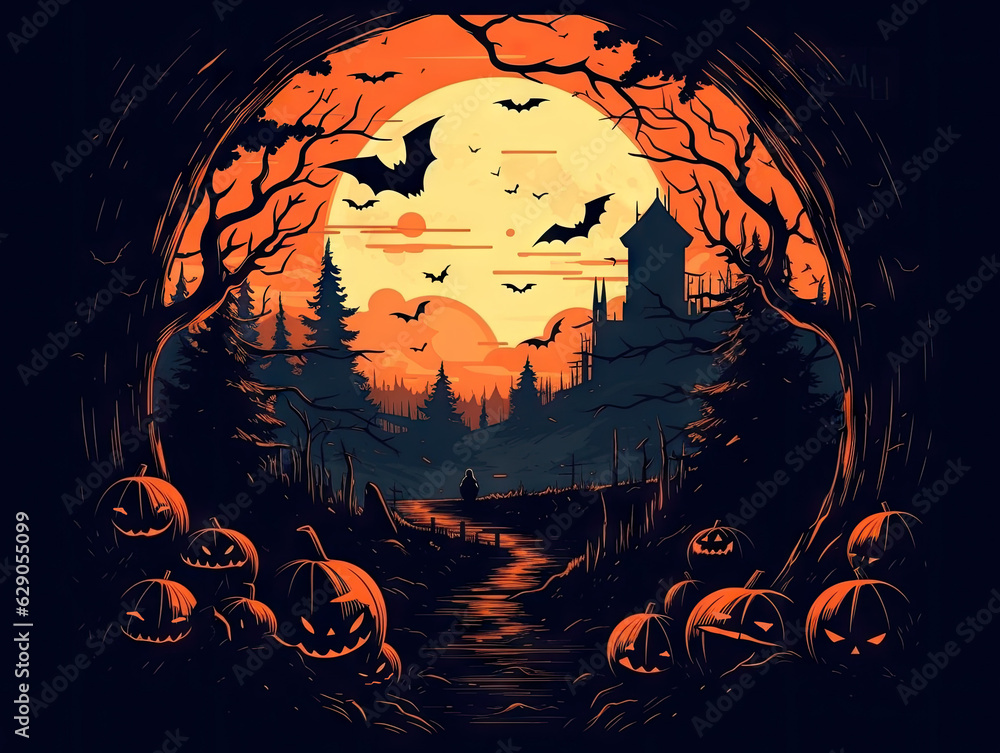 Halloween night modern flat illustration. Holiday card drawing, pumpkins and bats