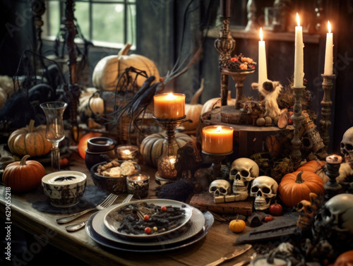 Halloween creepy table decorations. Holiday arrangement with pumpkins and skulls