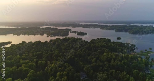 Wide drone shot of sunset of Lake Anna, Virginia