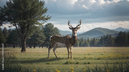 a deer standing in a field with mountains in the background © akarawit