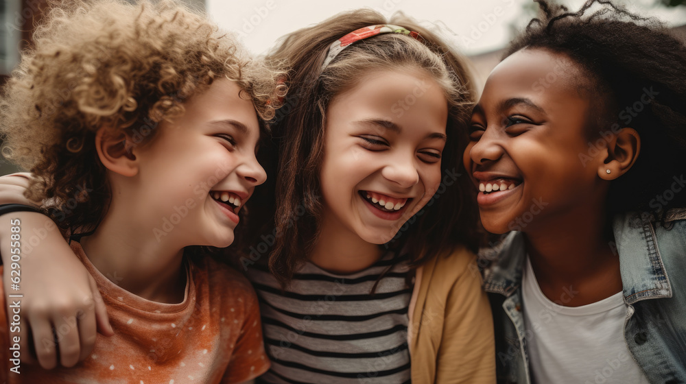 Fototapeta premium Joyful Trio of Young Girls Sharing Laughter – Generative AI