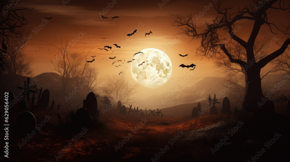 Halloween Spooky Night Scene Background - Generative AI