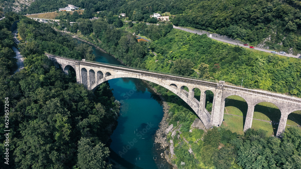 Solcan Bridge over River Soca, Slovenia. Aerial view.