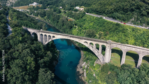 Solcan Bridge over River Soca, Slovenia. Aerial view. © Belus