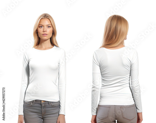 Woman wearing a white T-shirt with long sleeves. Front and back view