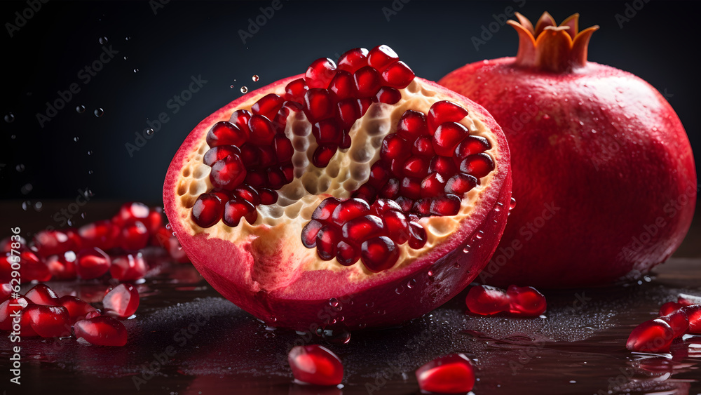 Ripe pomegranate fruits with pomegranate Seeds on a Dark Background Healthy Diet Superfoods Fruit, Generative AI Ripe pomegranate fruits with pomegranate Seeds on a Dark Background Healthy Diet Superfoods Fruit, Generative AI