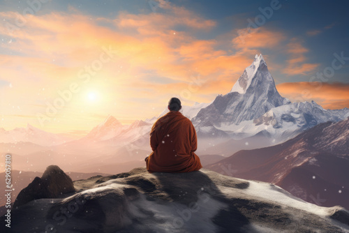 Peaceful Contemplation. Tibetan Monk Seated in Meditation on the Mountain Summit. AI Generative © Mr. Bolota