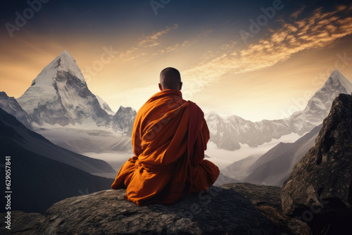 Peaceful Contemplation. Tibetan Monk Seated in Meditation on the Mountain Summit. AI Generative