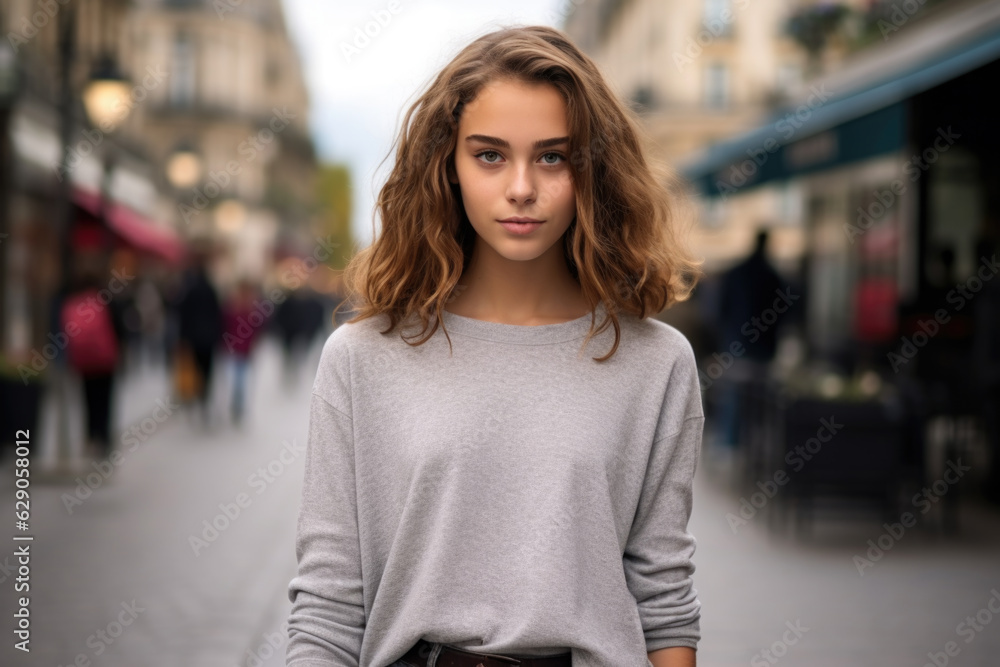 French teenage girl, wearing modern outfit, standing in Paris, France