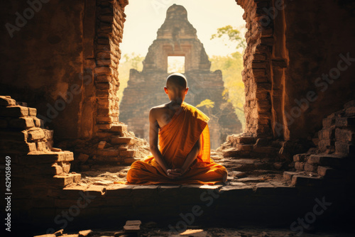 Spiritual Journey. Contemplative Buddhist Monk in Myanmar Embracing Tranquility. AI Generative