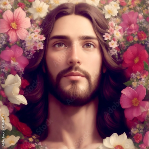 Divine Hope Blossoms, Jesus with a Radiant Face in the Holy Flowerly Heaven © B.WHISKERS