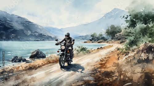 Watercolor painting of a man riding a motorcycle by the sea, Generative Ai