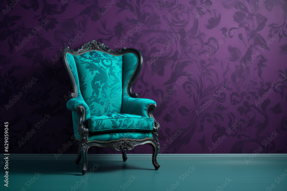 Old baroque teal chair infront purple wallpaper wall. Interior, wallpapers, furniture background with copy space. AI generative, illustration - obrazy, fototapety, plakaty 