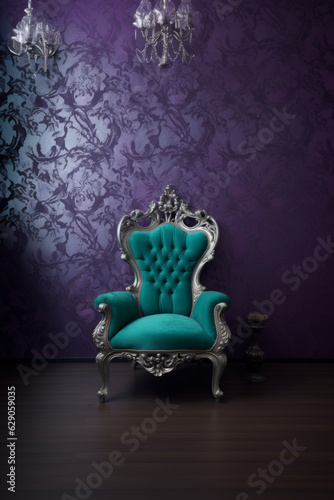 Old baroque teal chair infront purple wallpaper wall. Interior, wallpapers, furniture background with copy space. AI generative, illustration