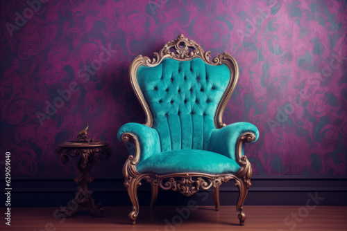 Old baroque teal chair infront purple wallpaper wall. Interior, wallpapers, furniture background with copy space. AI generative, illustration