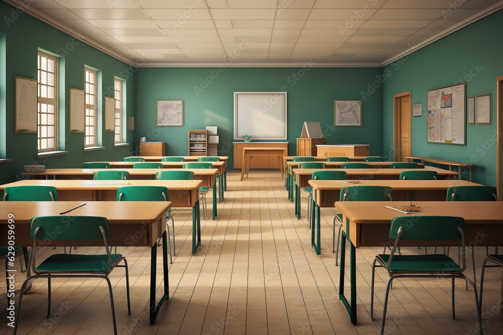 School classroom with chairsdesks and chalkboard School classroom with chairsdesks and chalkboard