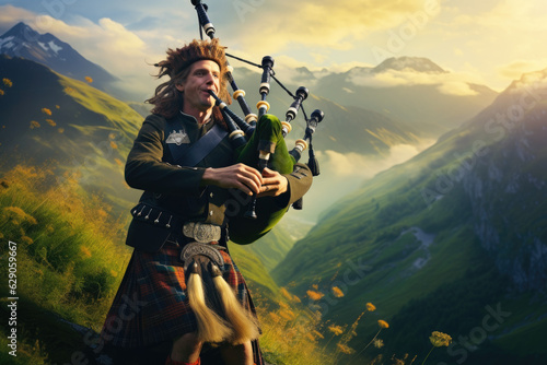 Melodies of the Highlands. Jubilant Scottish Bagpiper in Traditional Kilt Playing Bagpipes. AI Generative
