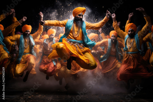 Energetic Bhangra Extravaganza. A Vibrant Group of Punjabi Bhangra Dancers Bring Colorful Cultural Traditions to Life. Dynamic Celebration 