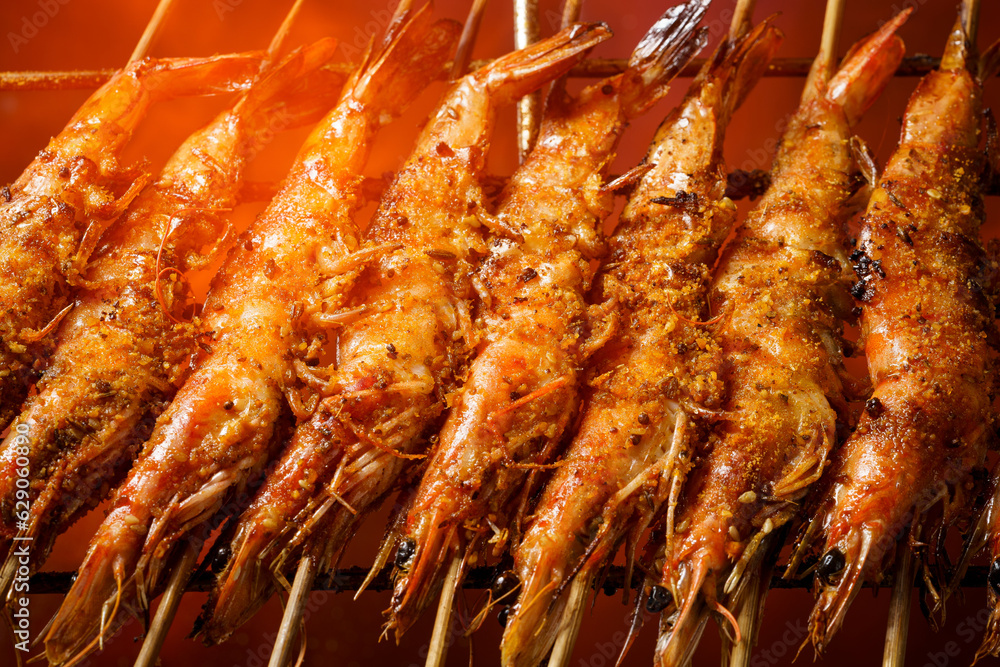 Chinese traditional food charcoal grilled prawns