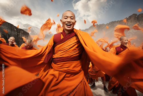Tibetan Jubilation: Witness the Joyful Harmony as a Spirited Group of Cheerful Tibetan Monks Dance and Celebrate in a Festive Religious Ceremony.