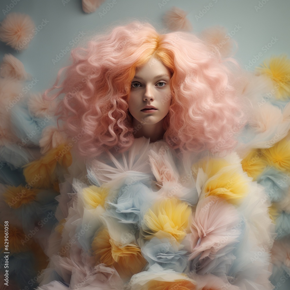 Creative abstract pastel portrait of a young beautiful girl who is like a love bird with feathers on a pastel background. A costume of love and peace. Illustration. Generative AI. Creative abstract pastel portrait of a young beautiful girl who is like a love bird with feathers on a pastel background. A costume of love and peace. Illustration. Generative AI.